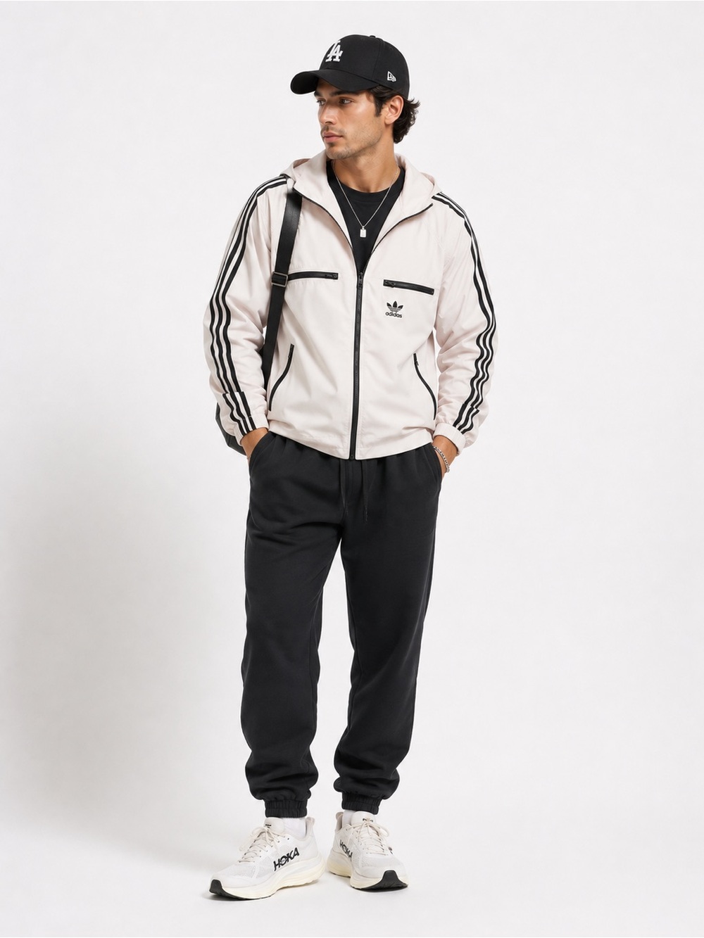 Adidas Beige/Sand and Black Three-Stripe Zip Windbreaker